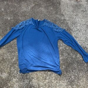 Women's Blue Long-Sleeve Tee with Floral Lace Shoulders